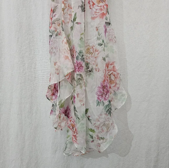 Sau Lee Frieda Silk Cowl Neck High Low Ruched Dress in White Pink Floral Size 4 - Picture 7 of 11
